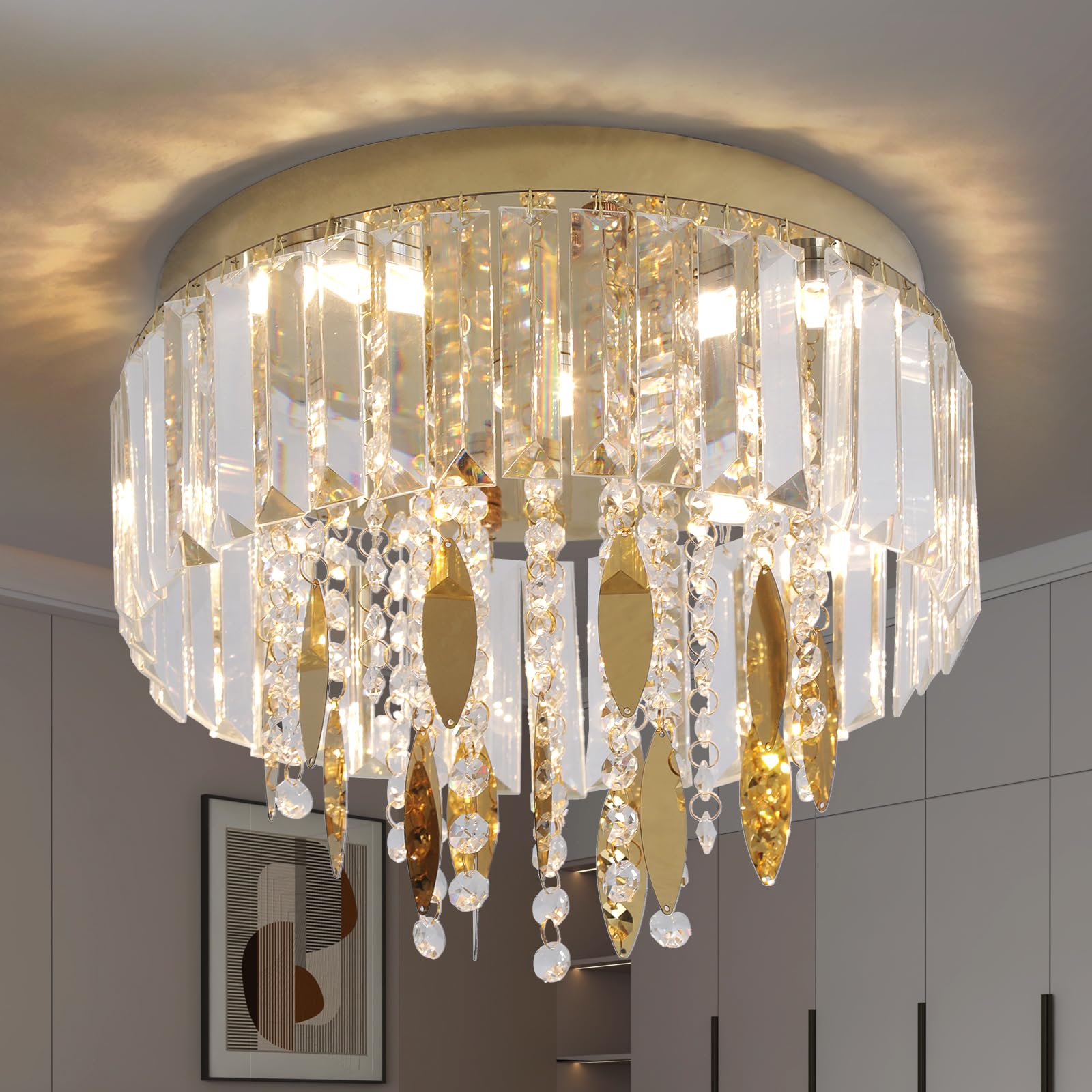 Photo 1 of GreeLustr 12" Gold Prism Crystal Flush Mount LED Chandelier for Hallway