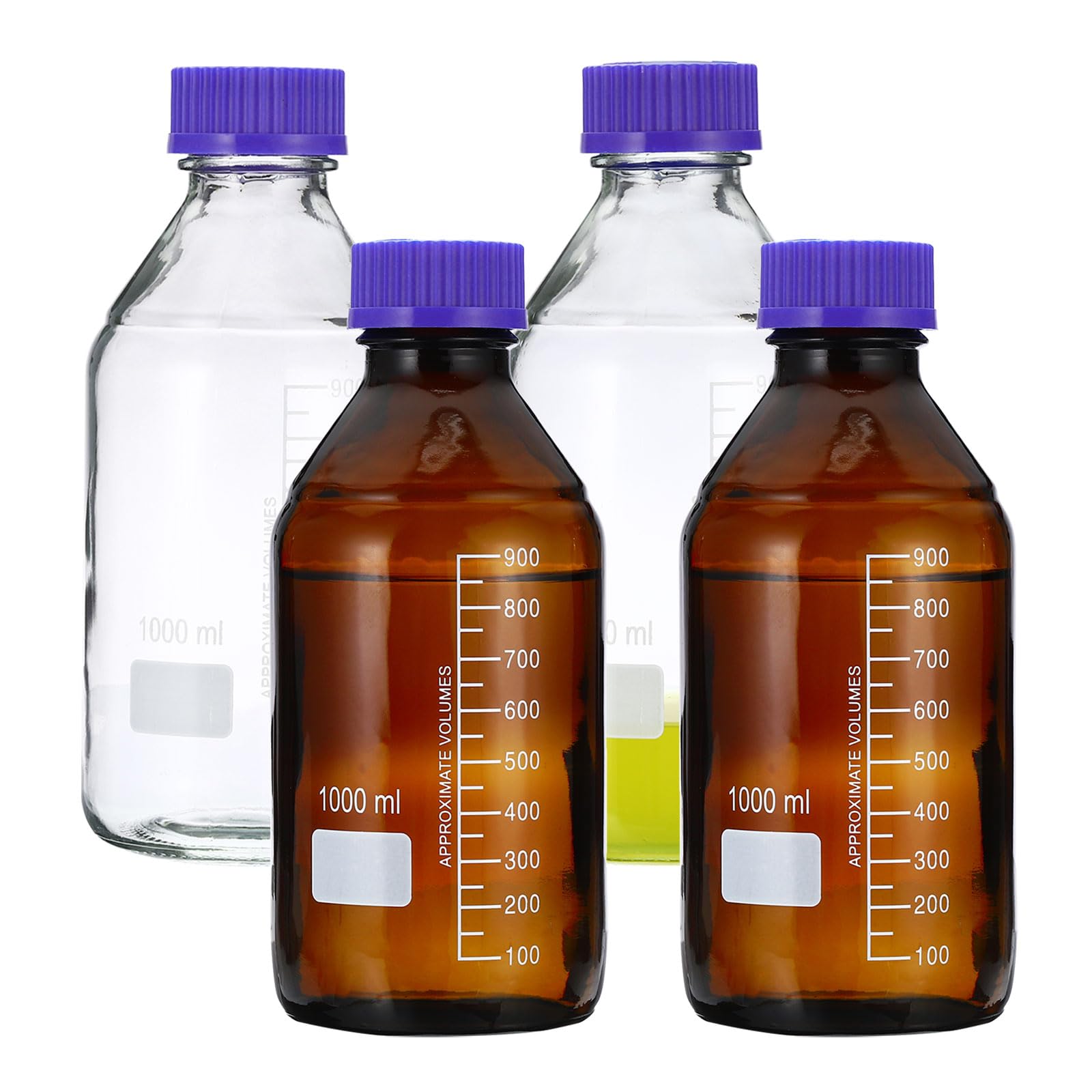 PATIKIL Botella de muestra de 1000 ml, paquete de 4 botellas de almacenamiento de medios de reactivo, vidrio de borosilicato graduado, redondo con tapón de rosca azul GL45 para líquidos reactivos de