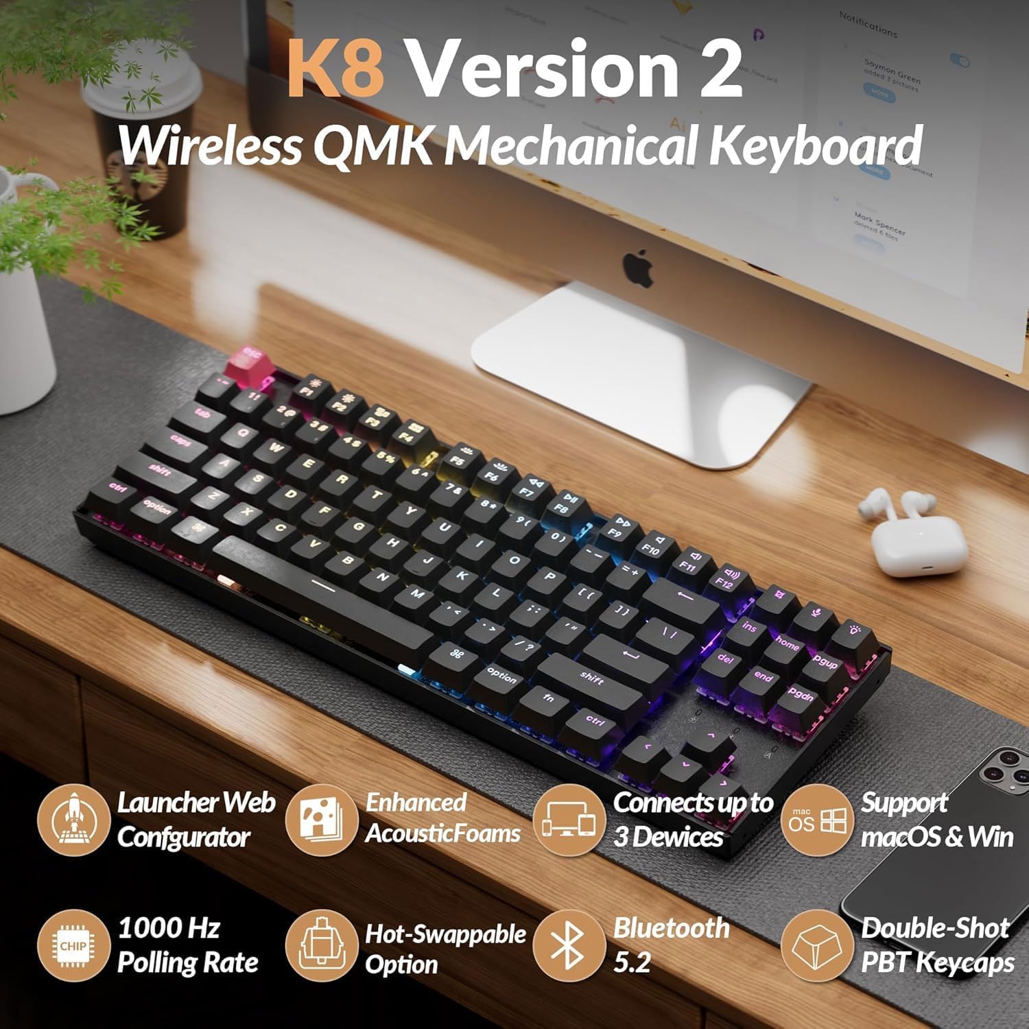 Keychron K8 V2 Wireless RGB Mechanical Keyboard, QMK/VIA Programmable, Hot-Swappable Super Banana Switches, 87-Key TKL PBT Keycaps, Dual-Mode Bluetooth 5.2 & USB-C Wired, for Mac, Windows, Linux
