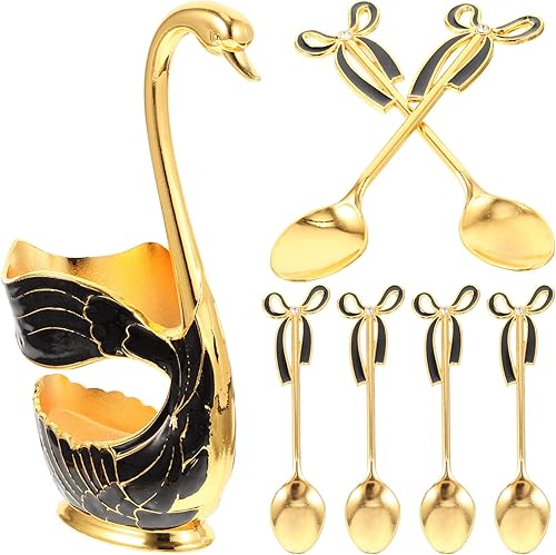 HEMOTON Juego de cucharas de café con soporte de base de cisne, 6 cucharas de postre con organizador, juego de cubiertos para té, helado, pastel,
