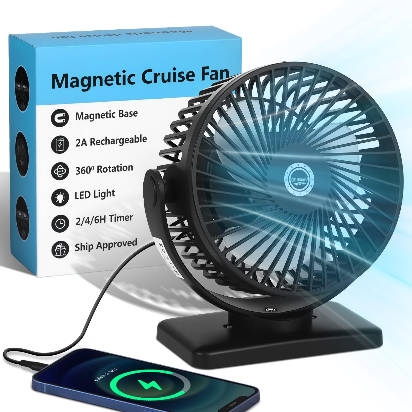 6 Inch Magnetic Cruise Fan 12000mAh Rechargeable Portable Fan with Strong Magnet Base LED Light 360 Rotation Head