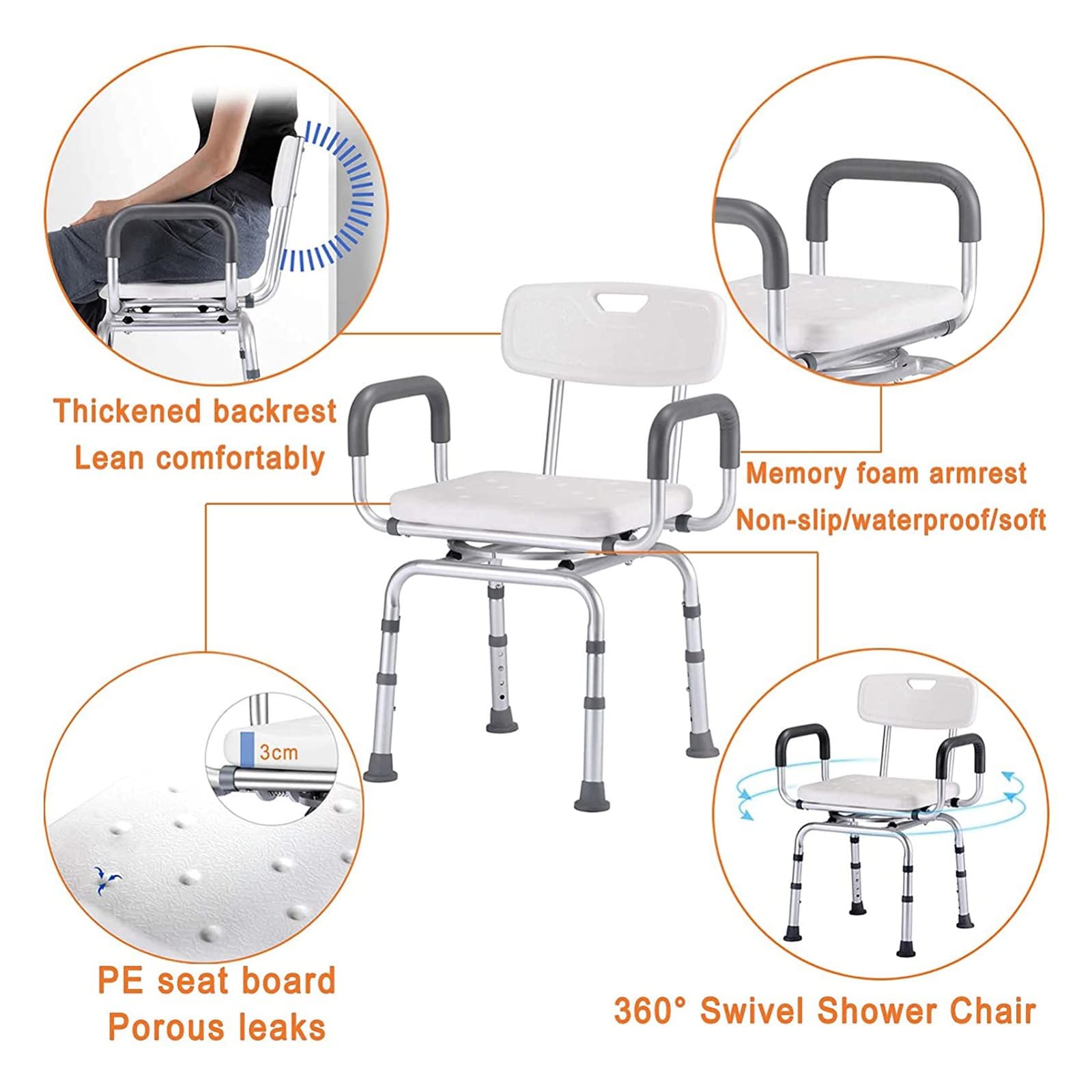 Silla de Ducha giratoria para bañera, Asiento de la Ducha Asiento Ajustable Silla de baño de 360 ° con reposapiés Acolchados Silla de Ducha Trasera para Personas Mayores para Personas Mayores
