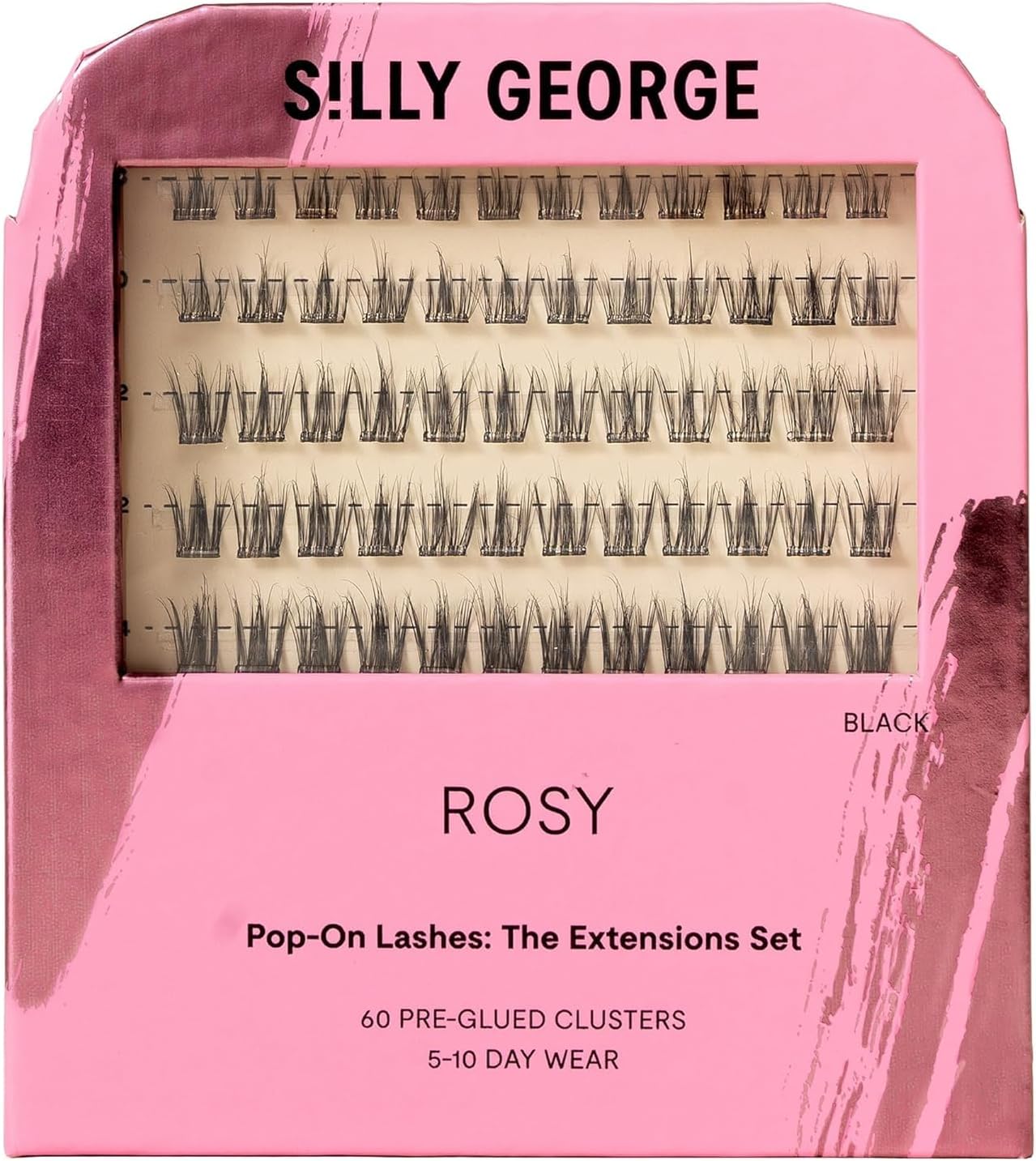 - Silly George Pop-On Lashes - DIY 1-Step Pre-Glued Faux Eyelash Clusters, Natural Look Extensions, Black - Rosy, 5-7 Pair Set, Pack of 60 Clusters