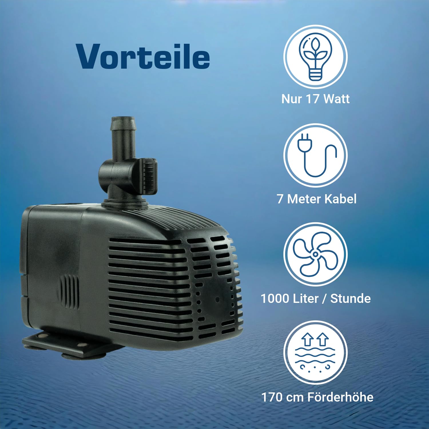 Wasserpumpe 12 V – 1000 L/H, 17 Watt, 7m Kabel, 170 cm Förderhöhe, Teichpumpe, Aquariumpumpe, Wasserspielpumpe und Zimmerbrunnen-Pumpe | Brunnenpumpe | Tauchpumpe | Springbrunnen-Pumpe | KEP1000L