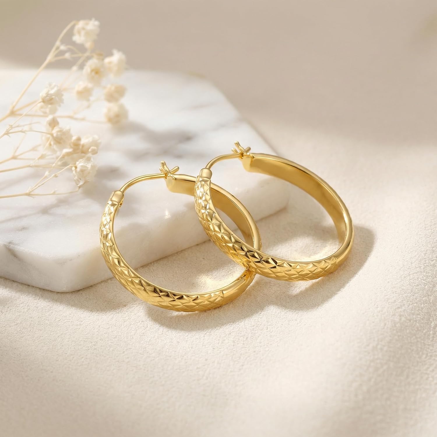 14K Gold Hoop Earrings for Women Gold Hoop Earrings for Women Hoops Earring for Womens Hoops Detailed Mesh Engraving Design Earring for Womens