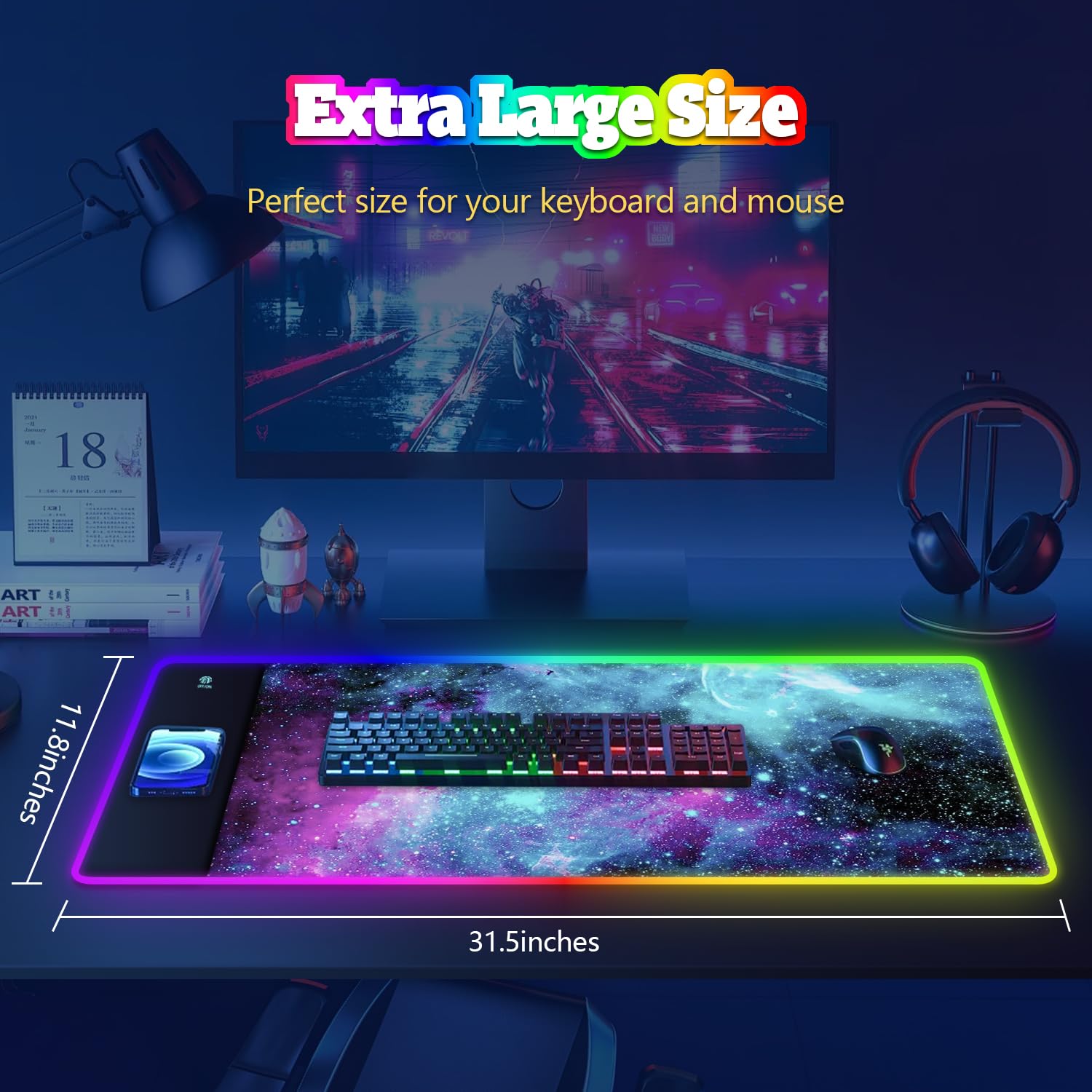 YQE Tappetino per mouse da gioco con ricarica wireless: tappetino da gioco RGB da 15 W per tastiera e mouse, grande tappetino LED con luce a 10 colori, base in gomma antiscivolo per giochi, PC, laptop