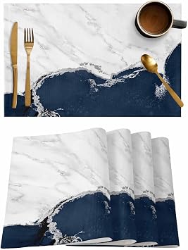 Washable Kitchen Placemats Set of 6, Navy Blue Marble Table Mats for Dining Table Party Decorations, Grey White Modern Abstract Art Non-Slip Heat-Insulation Place Mat Sets