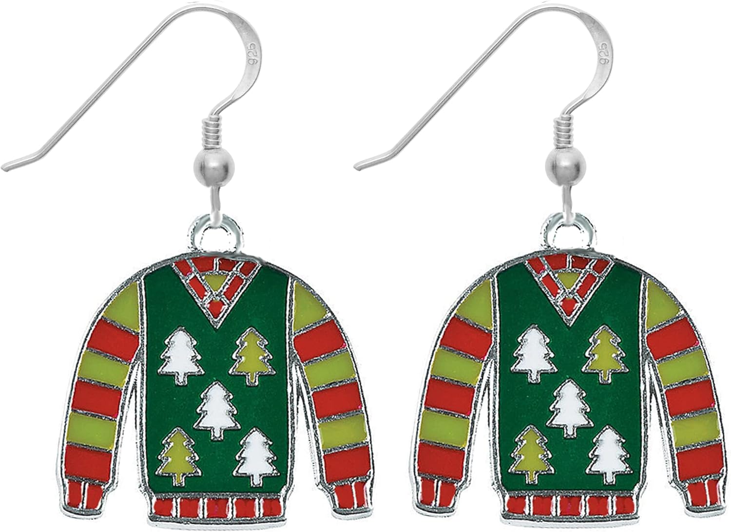 Tacky Red and Green Striped Ugly Christmas Sweater Metal Earrings with Trees and Sterling Silver Ear Wires