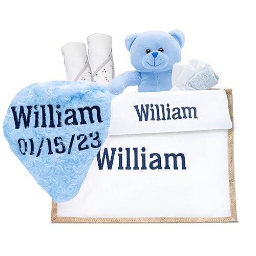 Regalos personalizados para bebé, cesta de regalo para recién nacido, manta con nombre personalizado, artículos esenciales en bolsa de mano, regalos