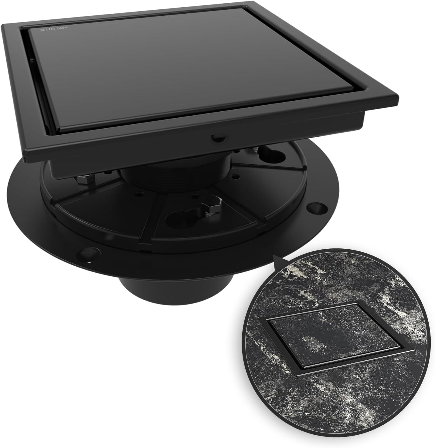 WEBANG 6 Inch Square Shower Drain Black Floor Drain with Flange Reversible 2-in-1 Cover Tile Insert Grate Removable SUS304 Stainless Steel CUPC Certified Matte Black