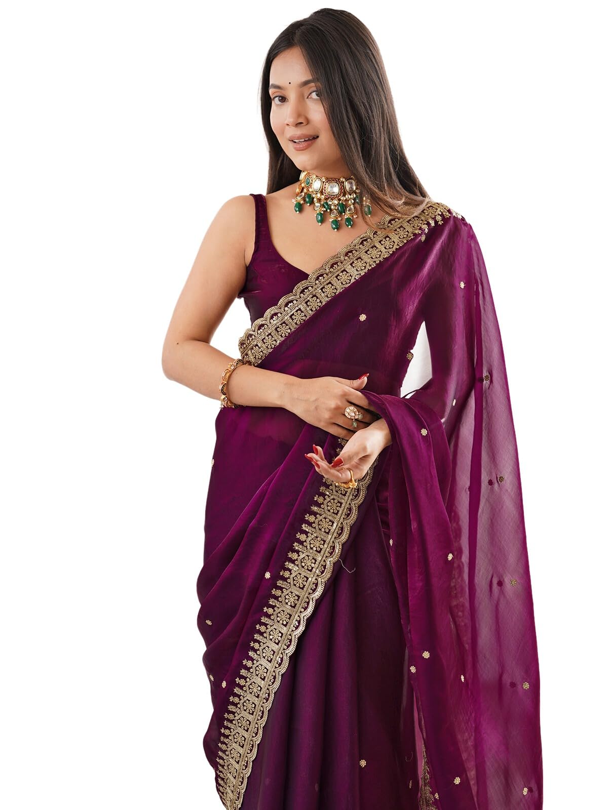 satrani Women's Sequins Embroidered Satin Tissue Saree with Unstitched Blouse-picture-29