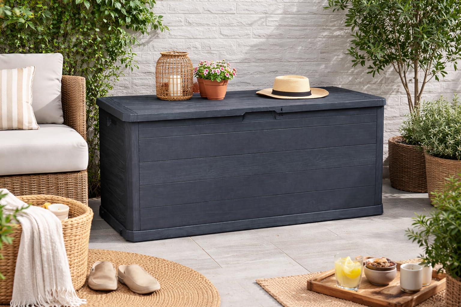 WDMT Kissenbox 280 Liter – Wetterfeste Aufbewahrungsbox für Gartenkissen & Gartenzubehör – Stabile Kunststoff-Aufbewahrungskiste – Wasserabweisend & UV-beständig – Grau Garten