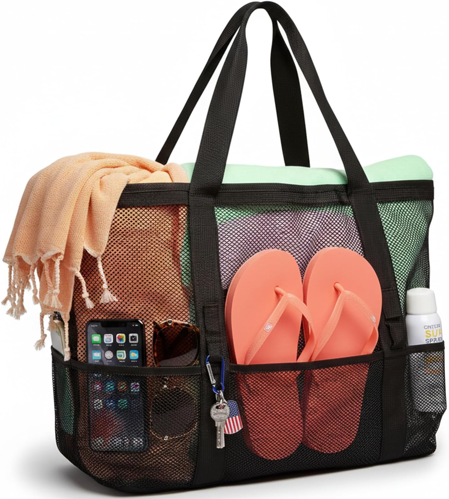 F-color Mesh Beach Bag Family - Large Tote Bag 9 Pockets for Swim Pool Toys Cruise Beach Vacation Essentials
