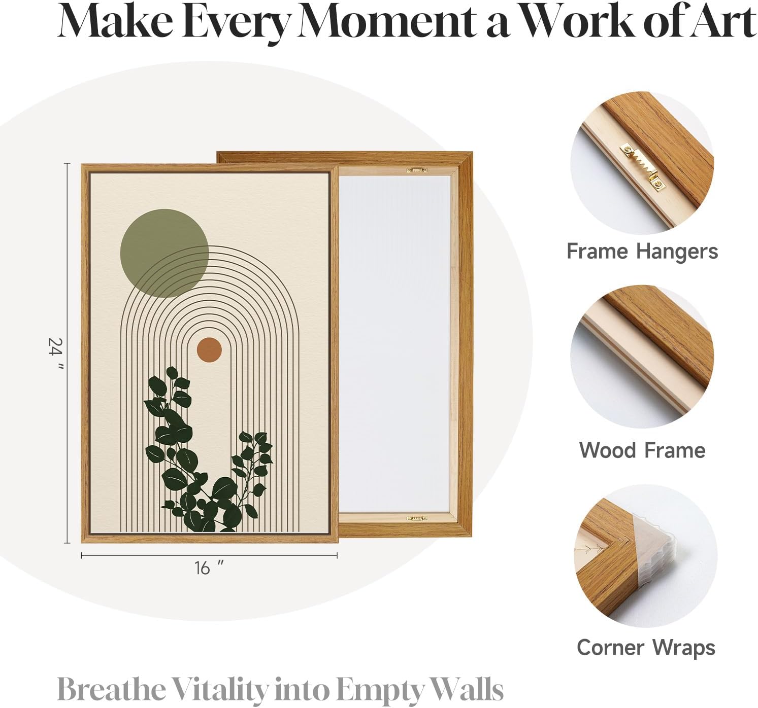 3 Piece Framed Abstract Boho Canvas Wall Art for Living Room, Large Sage Green Botanical Plant Artwork for Walls, Minimalist Geometric Prints Paintings for Bedroom Dining Room Hallway 16x24 Inch
