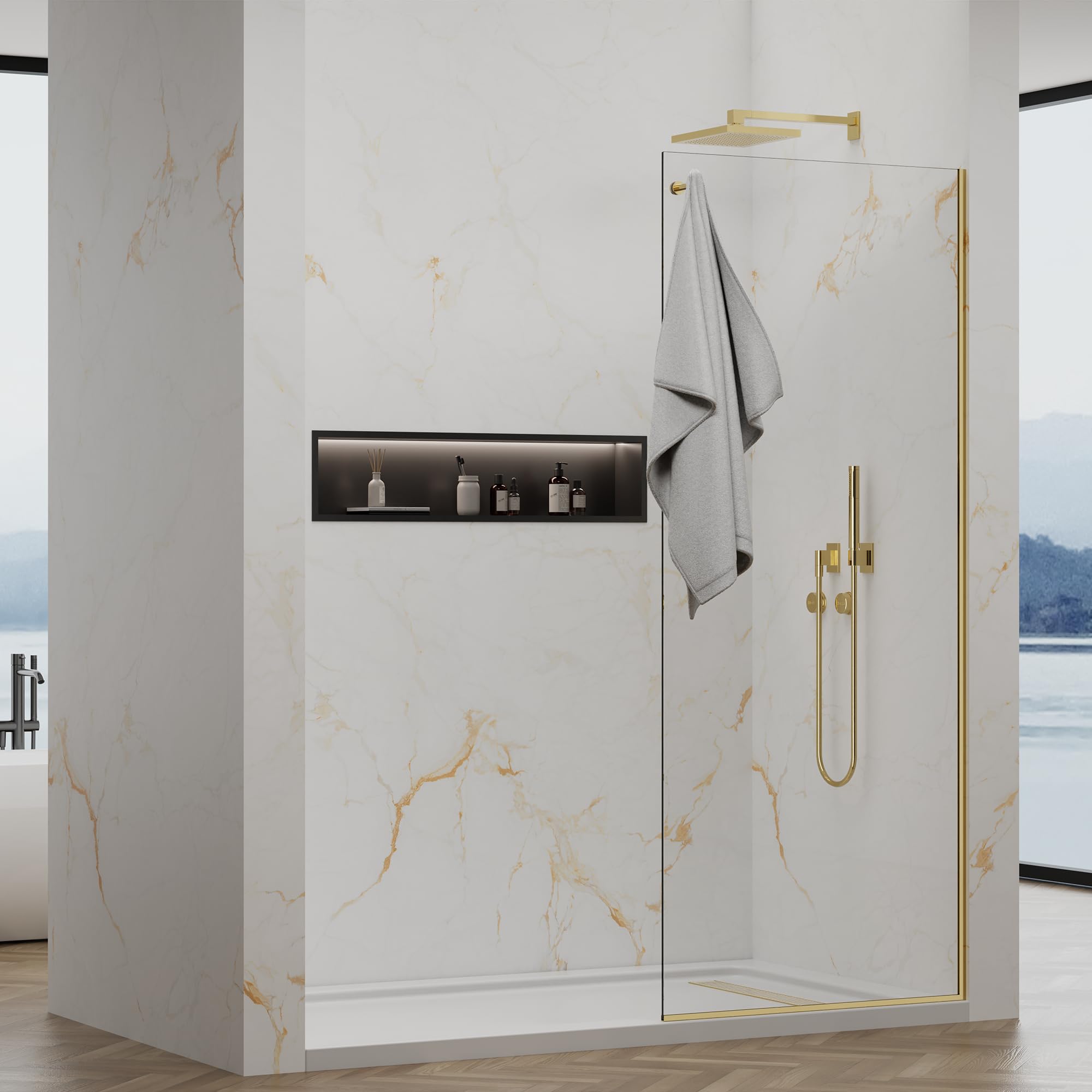 32"x76" Fixed Shower Door,3/8" Safety Glass Shower Panel, Brushed Gold