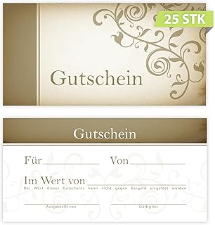 25 Geschenkgutscheine DIN lang plus (21 x 10,5 cm) Design Motiv Vintage Papyrus Altes Papier Antik. Blanko Gutscheine zum Ausfüllen Gutschein Geschenk Karte für Wellness Kosmetik Nagelstudio Beauty