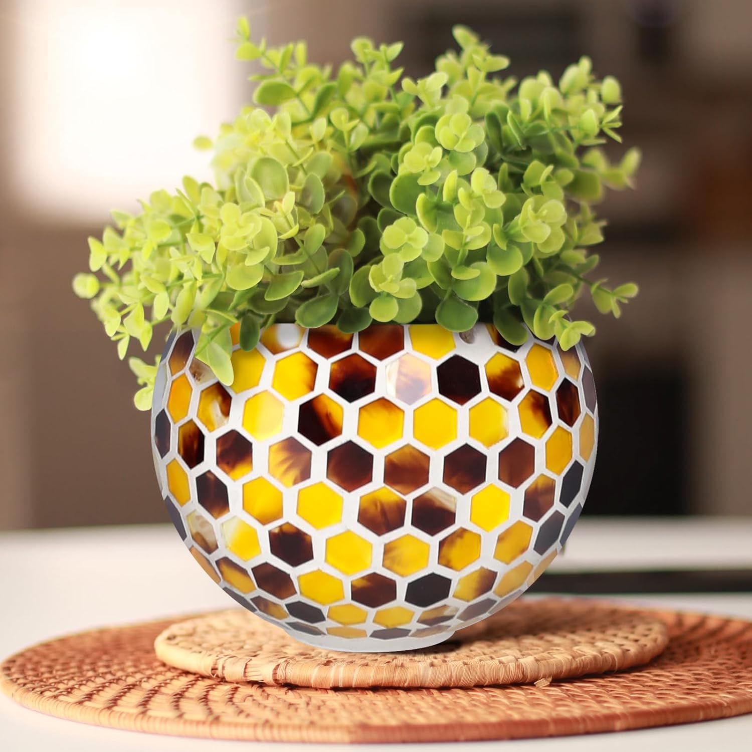 Hanging Planter Mosaic Garden Pot Small Flower Pot for Indoor Plant Disco Ball Hanging Planter with Drainage Yellow Bee