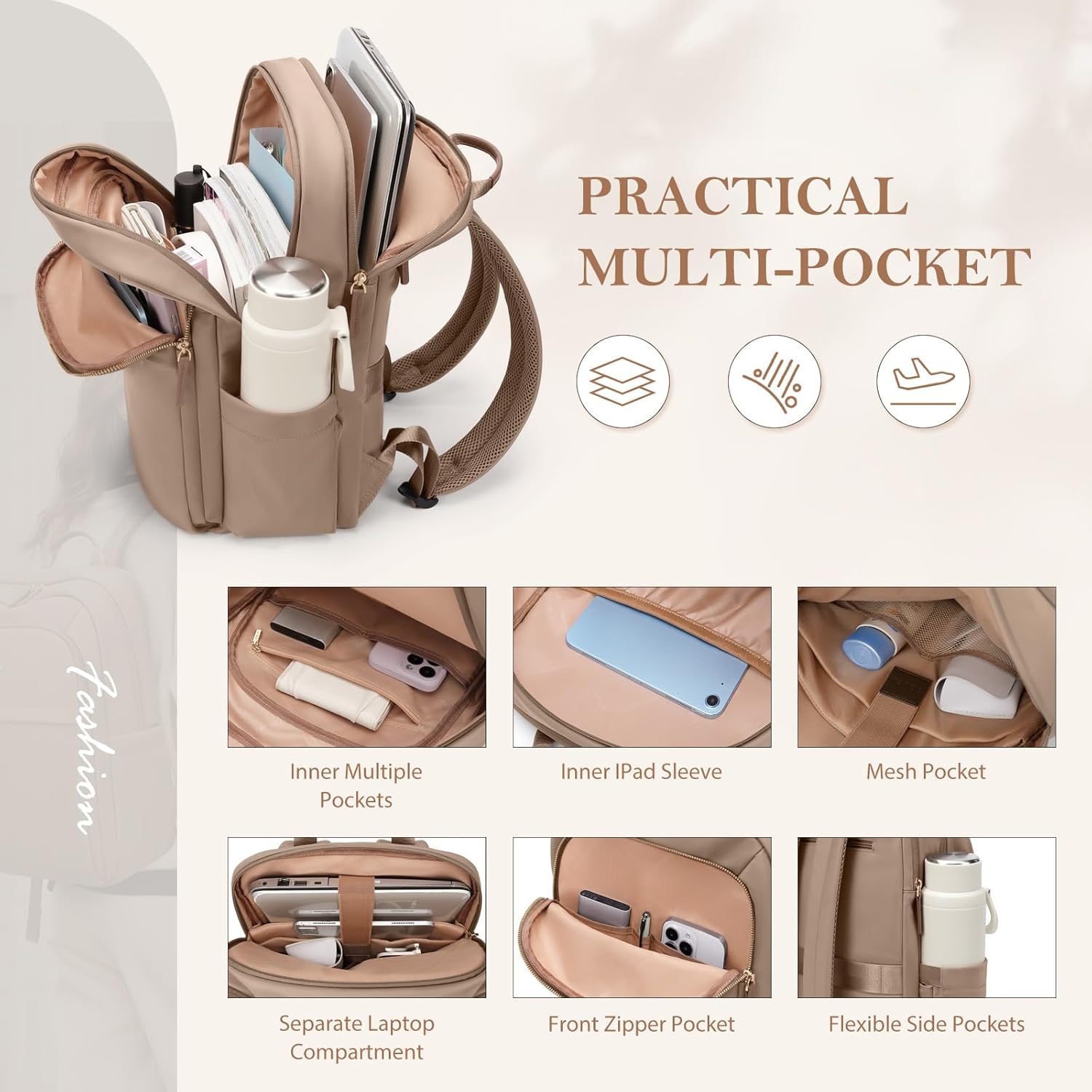 Travel Backpack for Women Personal Carry On Bag Business Weekender Hiking Multilayer Laptop Bag,16 Inch,Champagne Brown - Image 2