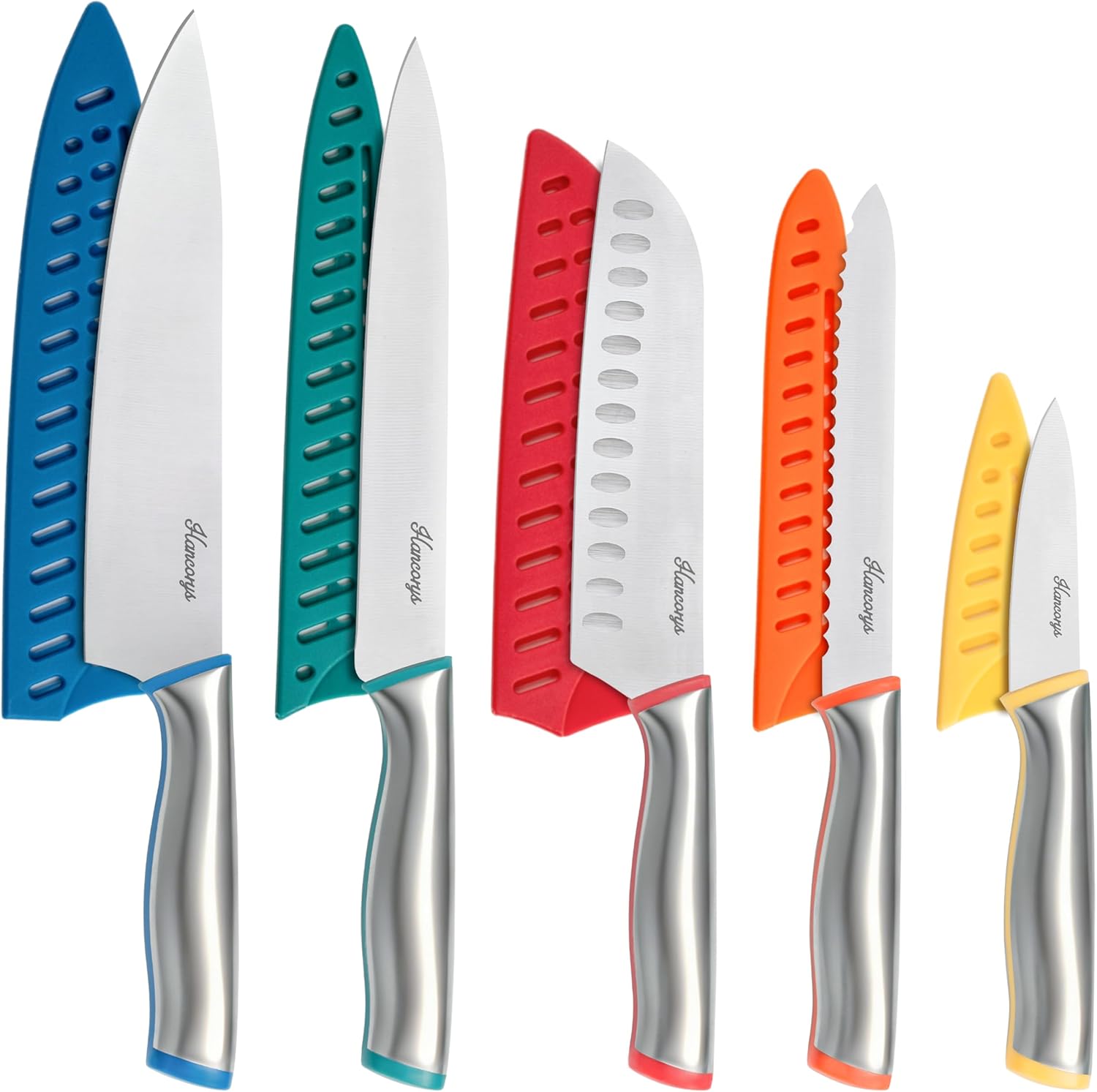 Hancorys 11-Pc Razor-Sharp Kitchen Knife Set - German High Carbon Stainless Steel, Colorful Handles & 5 Blade Guards