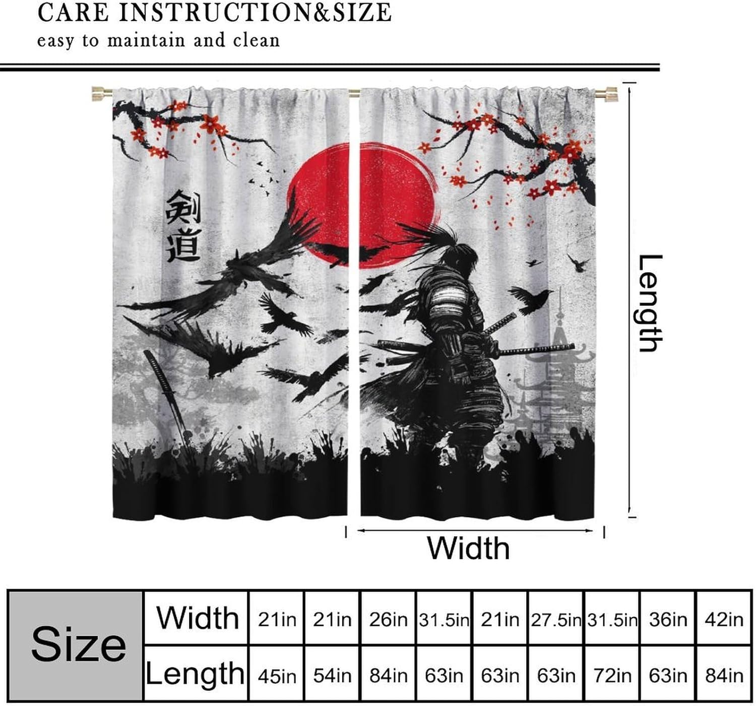 Japanese Samurai Blackout Curtains, Asian Ink Sun Cherry Blossom Crow Bushido Spirit Windows Treatments, Thermal Insulated Rod Pocket Drapes for Boys Teenage Living Room Bedroom 42x45in