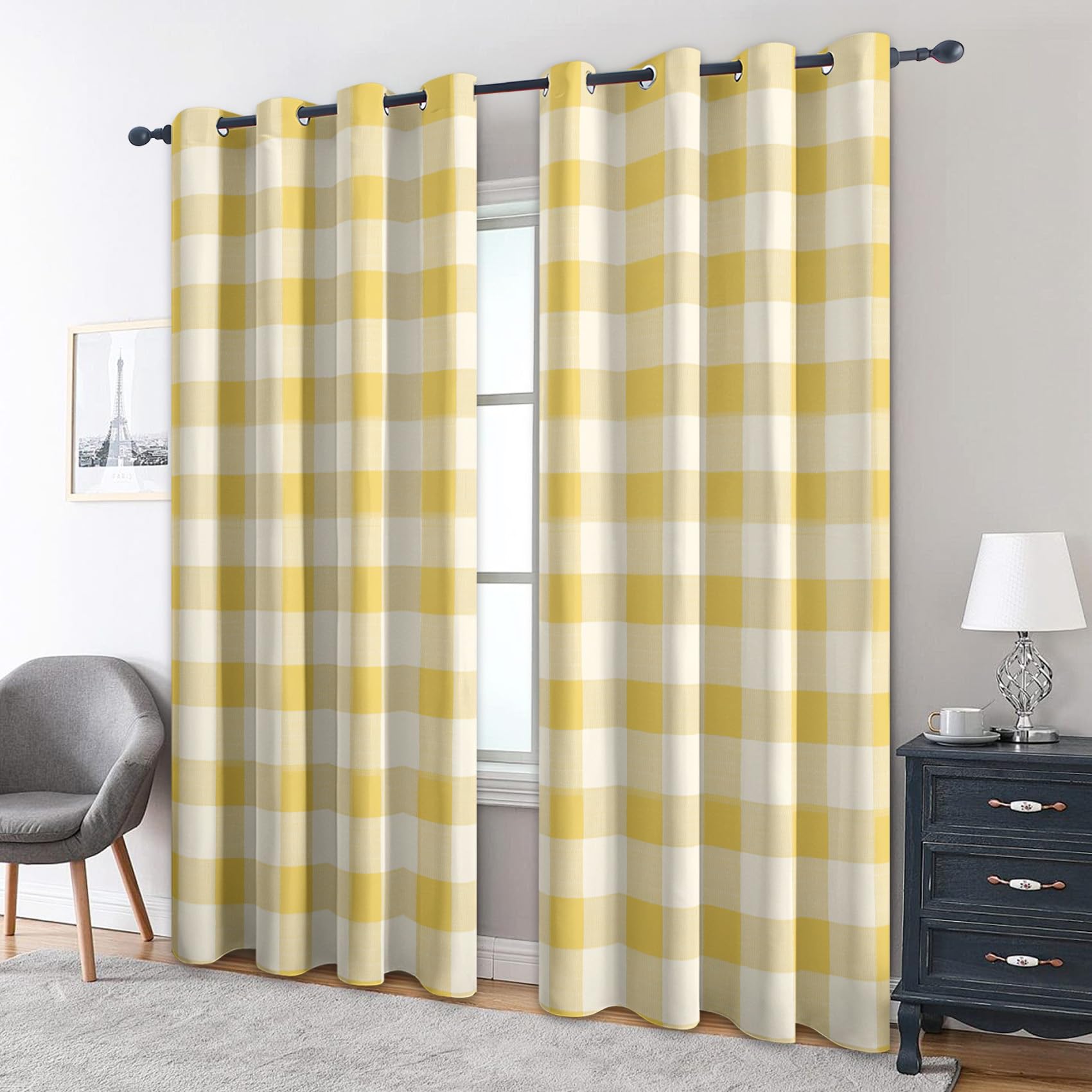 Cortinas opacas de salón con un diseño moderno a cuadros amarillos de 66 x 90 pulgadas