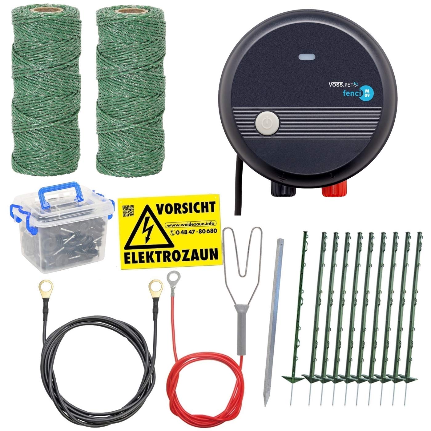 VOSS.farming Zaun Komplettset 200m Elektrozaun, ideal für Einzäunungen in Ihrem Garten, mit umfangreichem Zubehör, anschlussfertig mit 600m Weidezaunlitze grün, 20 grüne Pfähle 105cm