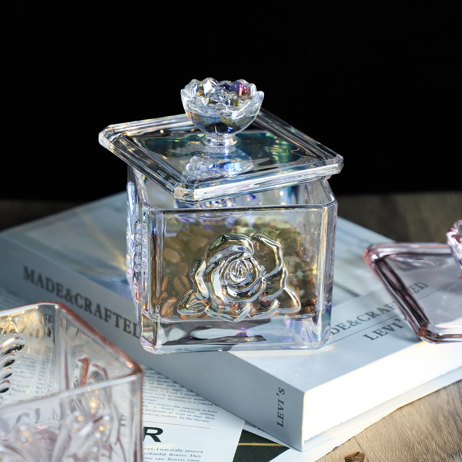 Butterfly & Rose Embossed Glass Candy Jar, Stained Glass Food Jar with Lid