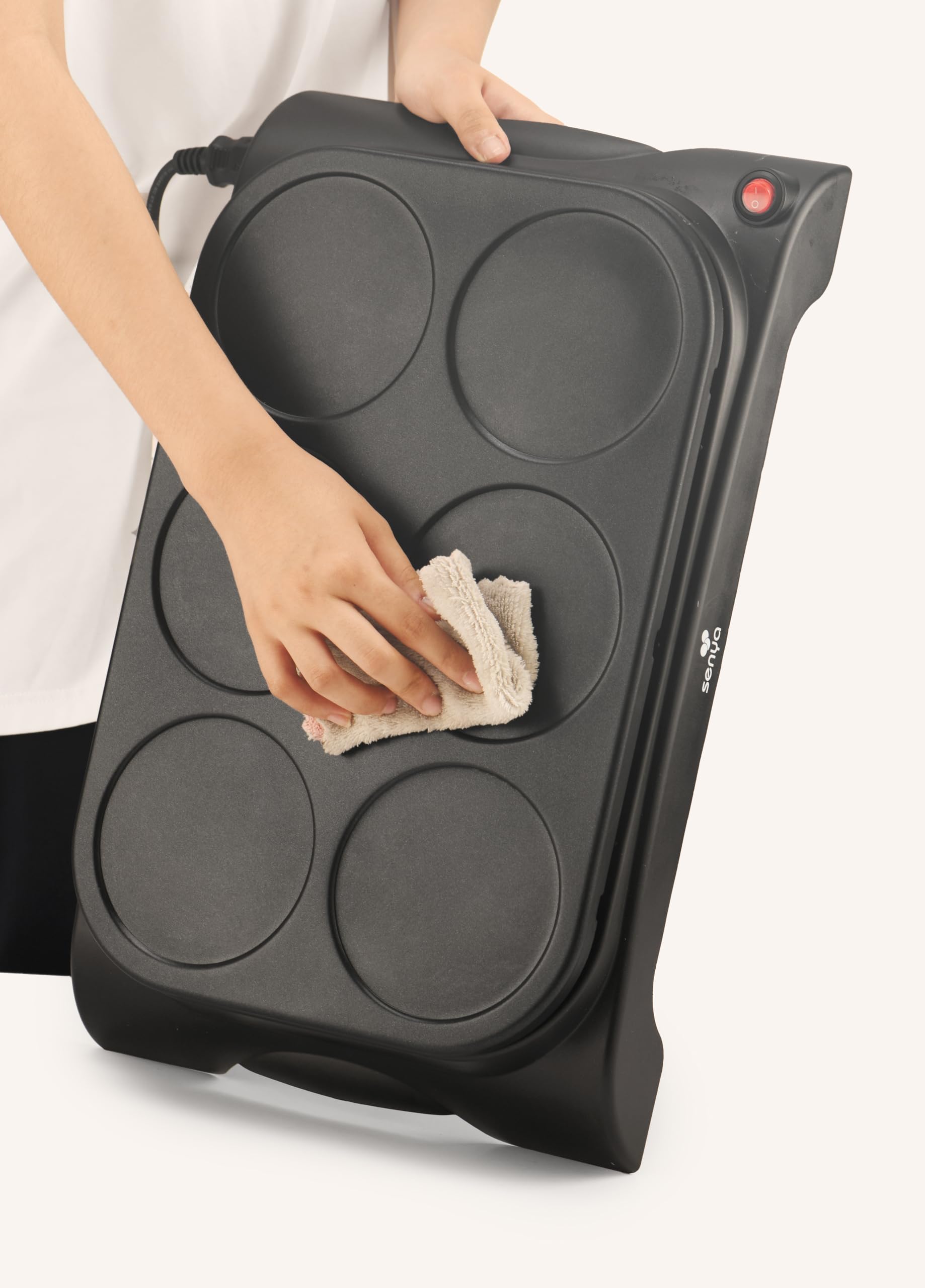 SENYA Crêpière électrique - Machine à crêpes 1000W - Plaque Antiadhésive Ø11,5 cm, Cuisson Rapide, crêpes, pancakes, 6 Spatules Bois + Louche, Mini Crêpe Party Facile à Nettoyer