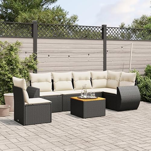 Vista 5 de 7 Piece Garden Sofa Set Black and Cream White, Modern Outdoor Furniture with Corner Seat, Three Center Seats, Two Arm Sofas, Durable Poly Rattan