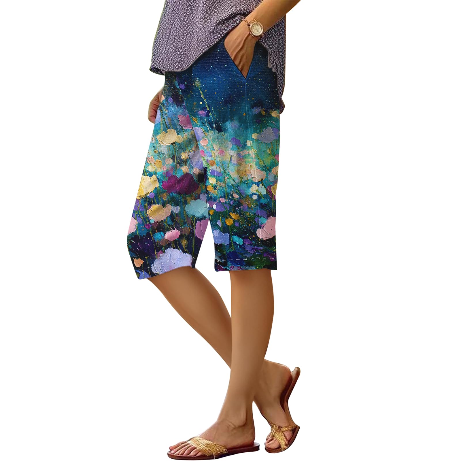 Womens Summer Casual Floral Boho Beach Pants Drawstring Cotton Loose Knee Length Athletic Bermuda Shorts with Pockets