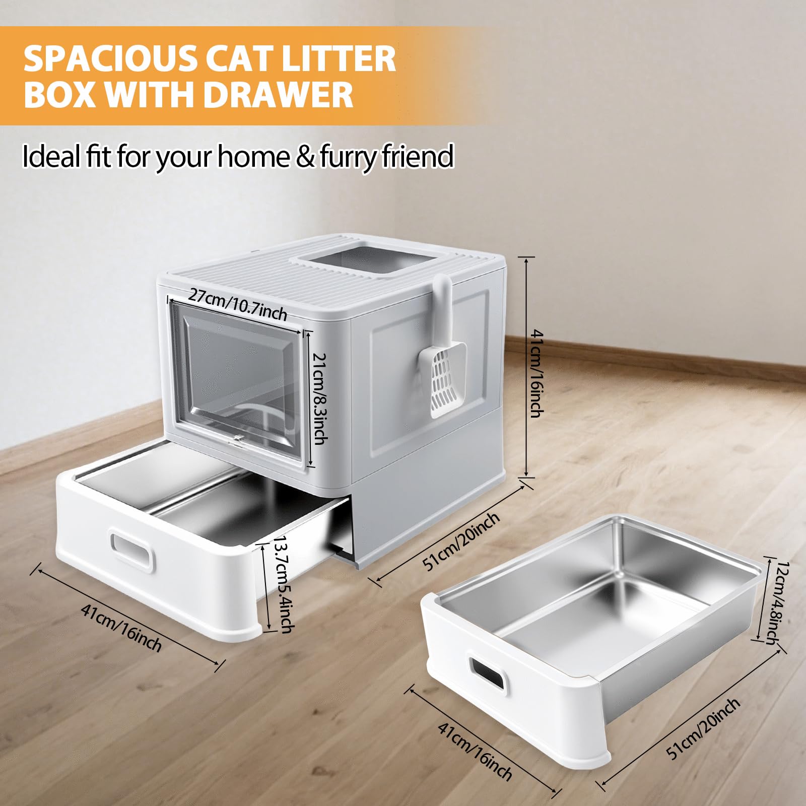Homegroove Stainless Steel Cat Litter Box with Drawer, XL Foldable Enclosed Kitten Litter Box with Lid for Indoor Cats, Metal Covered Cat Litter Pan with Litter Scoop (Gray) - image 2