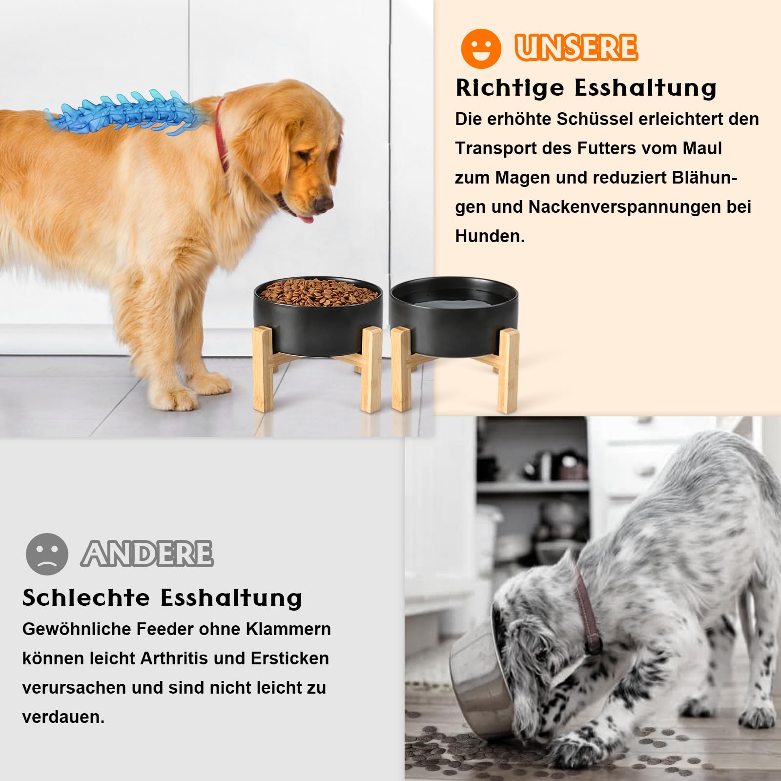 SPUNKYJUNKY Hundenapf Keramik Erhöhter Futternapf Set mit Bambus Ständer für Katzen und Hunde (1800ml, Schwarz)