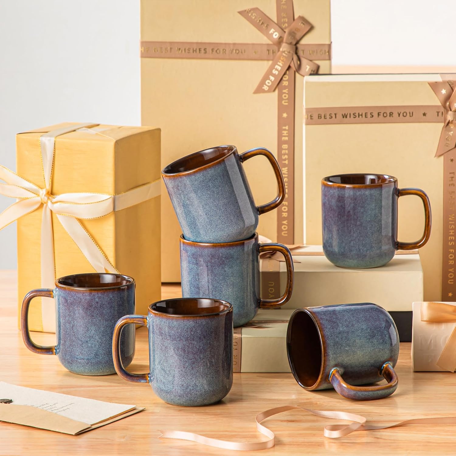vancasso Coffee Mugs Set of 6, 12 Oz Ceramic Coffee Cups with Handle, Ceramic Unique Glaze Coffee Cup for Cappuccino, Latte, Tea, Cocoa, Dishwasher & Microwave Safe Gift Sets, Blue, Series ONION