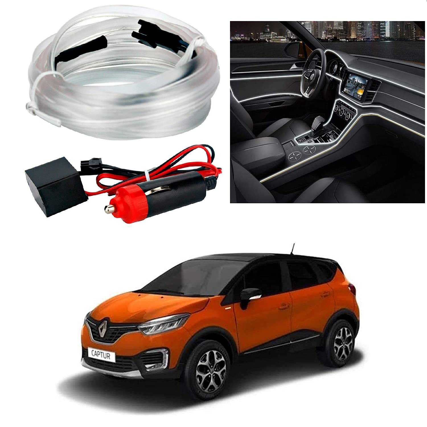 Olmeo 5M Neon LED Light Glow EL Wire String Strip Rope Tube and 12V Power Inverter Kit White for Renault Captur