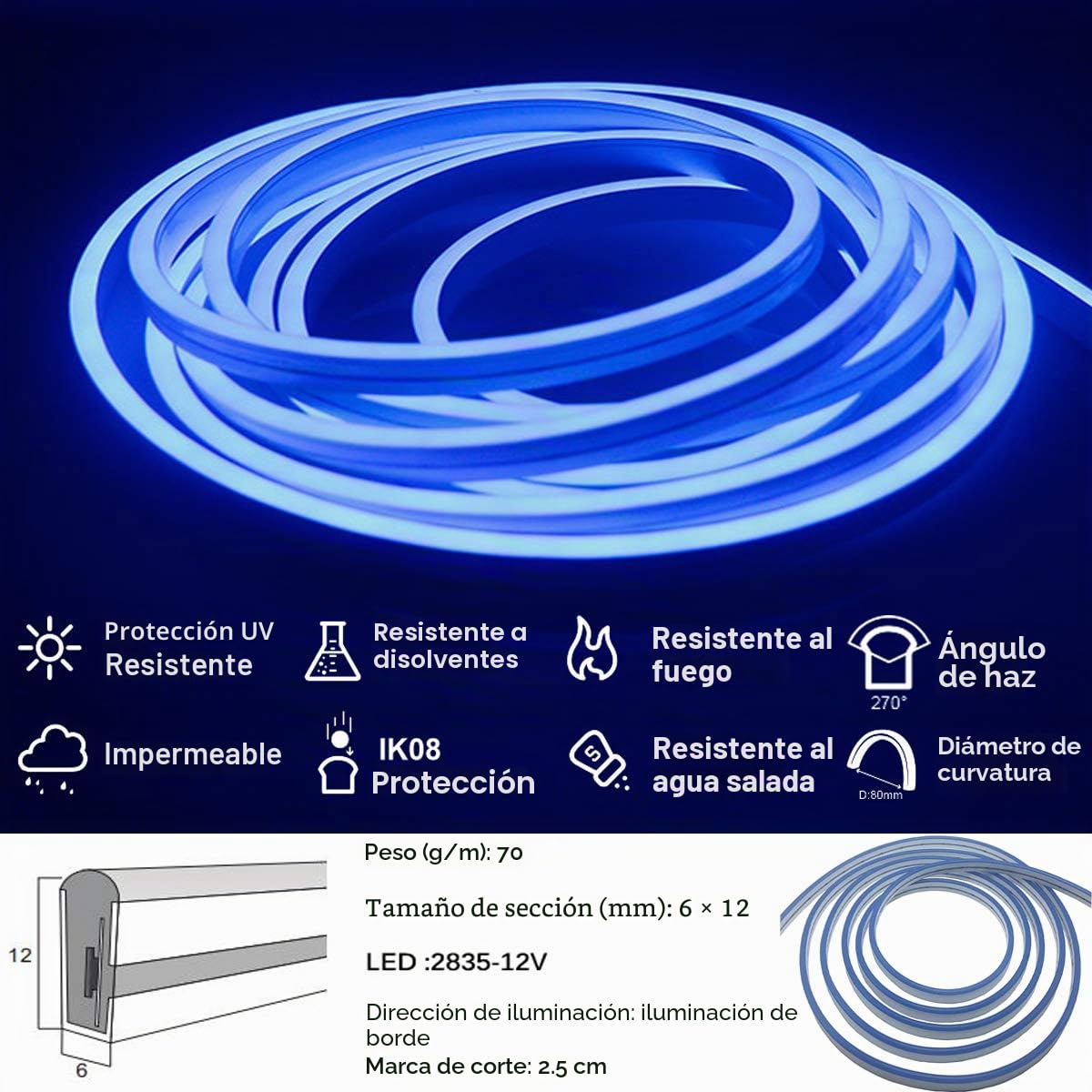 12V Silicona LED Neon Light azul, Decoración de letreros de bricolaje a prueba de agua para interiores y exteriores, 15 metros / 50 pies
