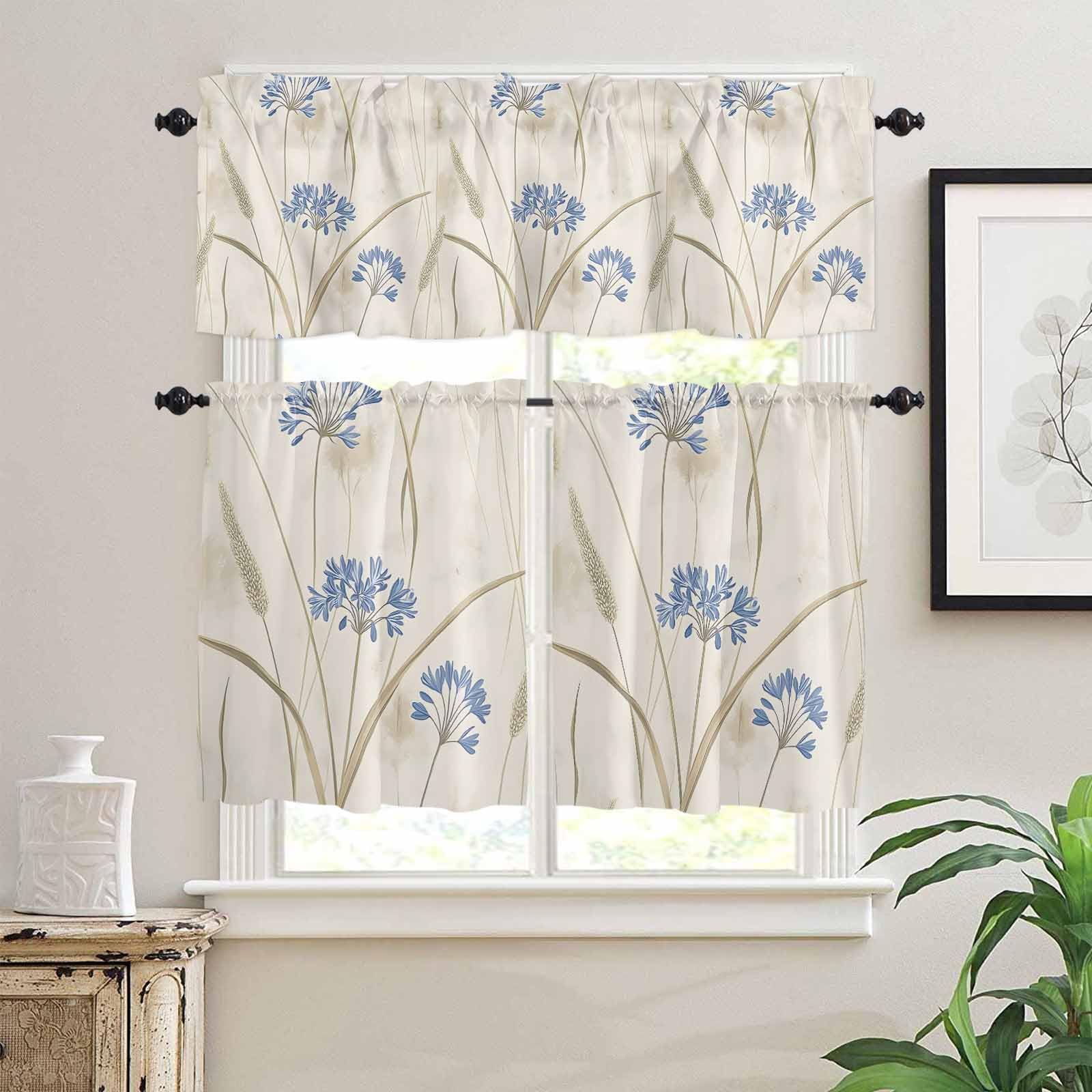 Blue Floral Botanical Spring Kitchen Curtains 36 Inch Length, 3 Piece Rod Pocket Small Half Tiers and Valance Set, Farmhouse Beige Flowers Small Large Window Treatment Decor for Bedroom/Bathroom Sink