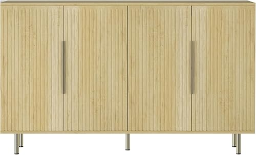 Miniatura 5 de Mueble de buffet moderno con almacenamiento aparador de madera estriado con estantes ajustables - Mesa de consola de mediados de siglo Credenza y