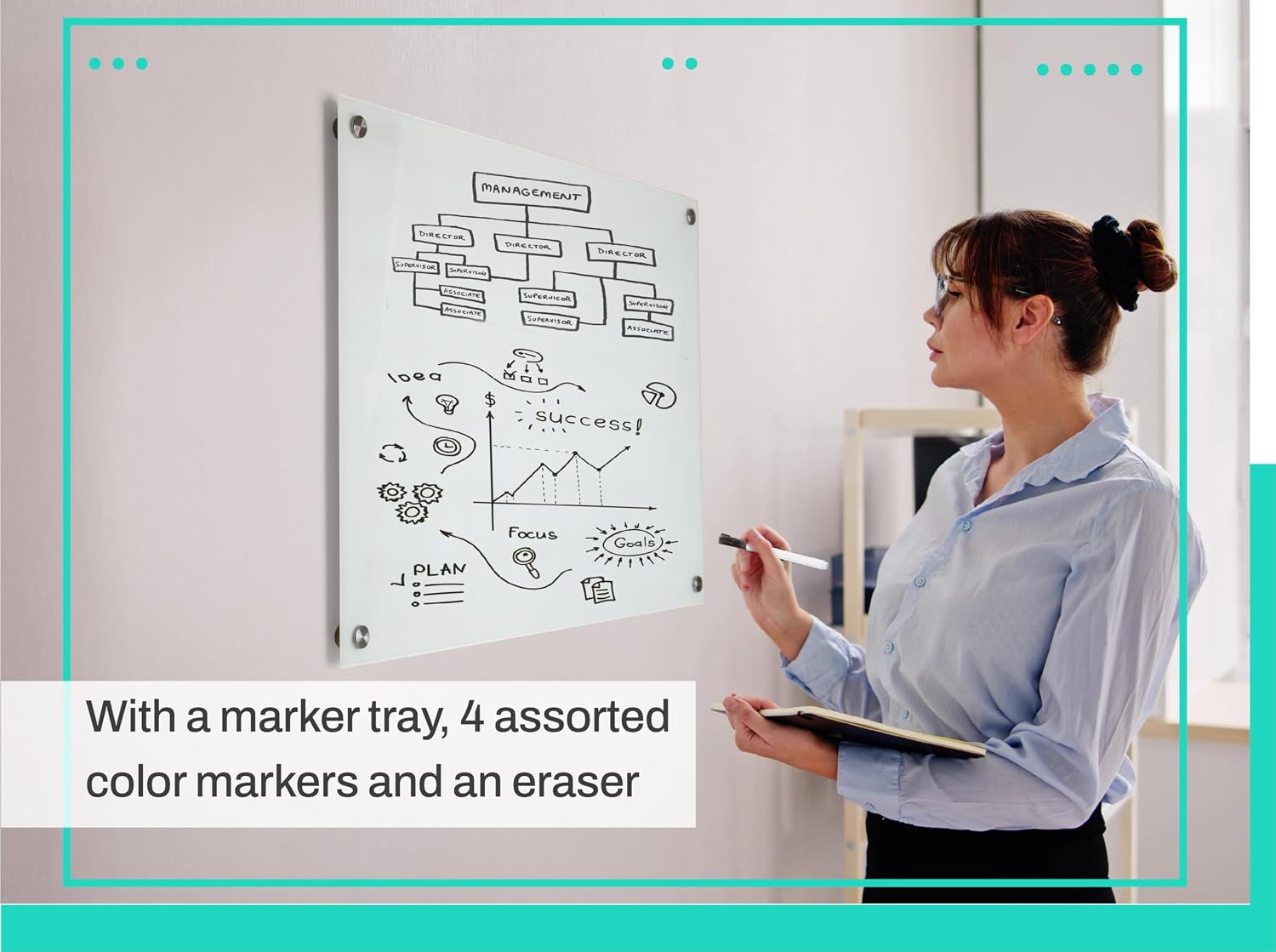 Real Glass Dry Erase Board, Extra Large Size 24" x 36", Bright White Tempered Glass Surface, Frameless Wall Mount, with 4 Assorted Color Markers and Eraser, by Better Office Products