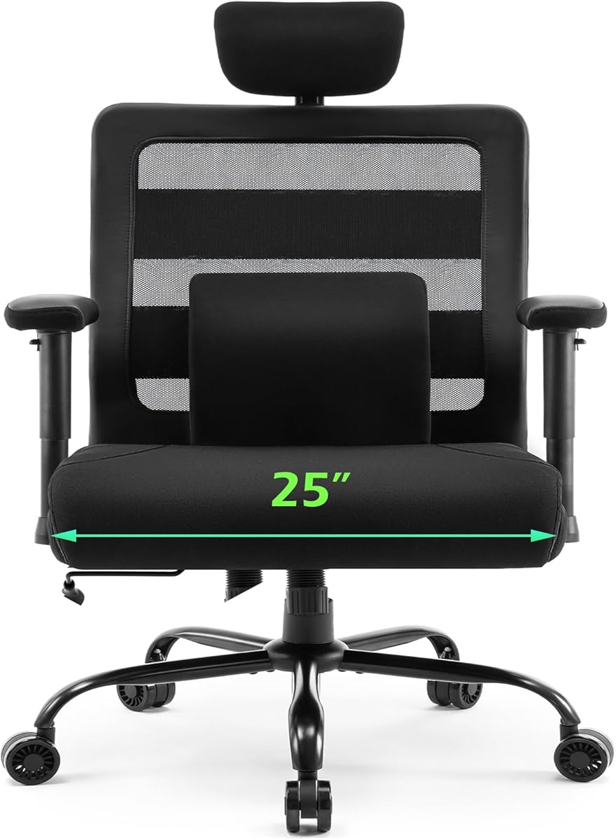 Extra Wide Seat Office Chair for Big and Tall 500lbs, with High Back Adjustable Headrest Lumbar Support Arms Wheels Heavy Duty (Breathable Fabric Seat) : Office Products