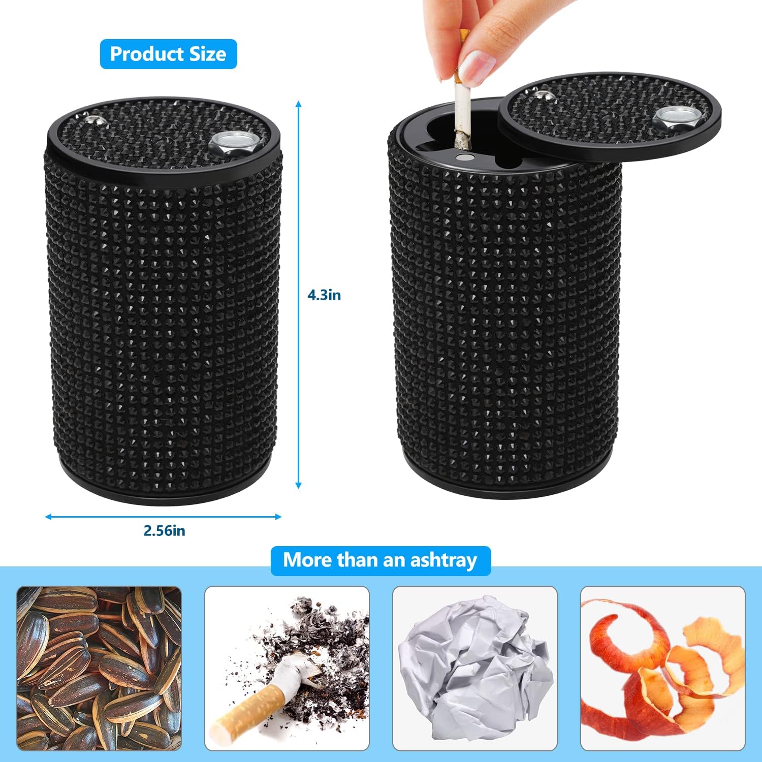 Car Ashtray with Lid Smell Proof, Aluminum Crystal Diamond Cigarette Smokeless Automotive Ashtray, Cup Holder Detachable Easy Clean Ash Tray for Car Women Home Office, Black