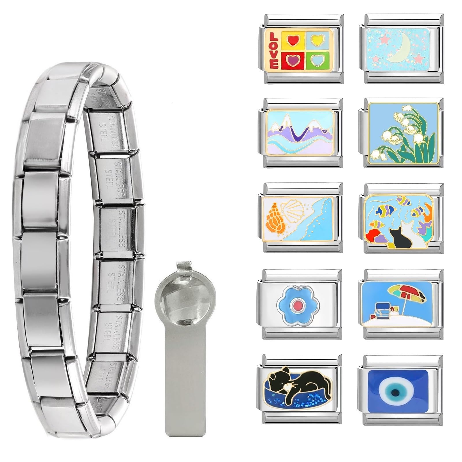 papasgix Italian Charm Bracelet Set with Starter Brascelet, Assorted Charms and Opening Tools, 9mm Modular Italian Charm Bracelet Links Handmade DIY Jewelry Gifts BFF Birthday Cake