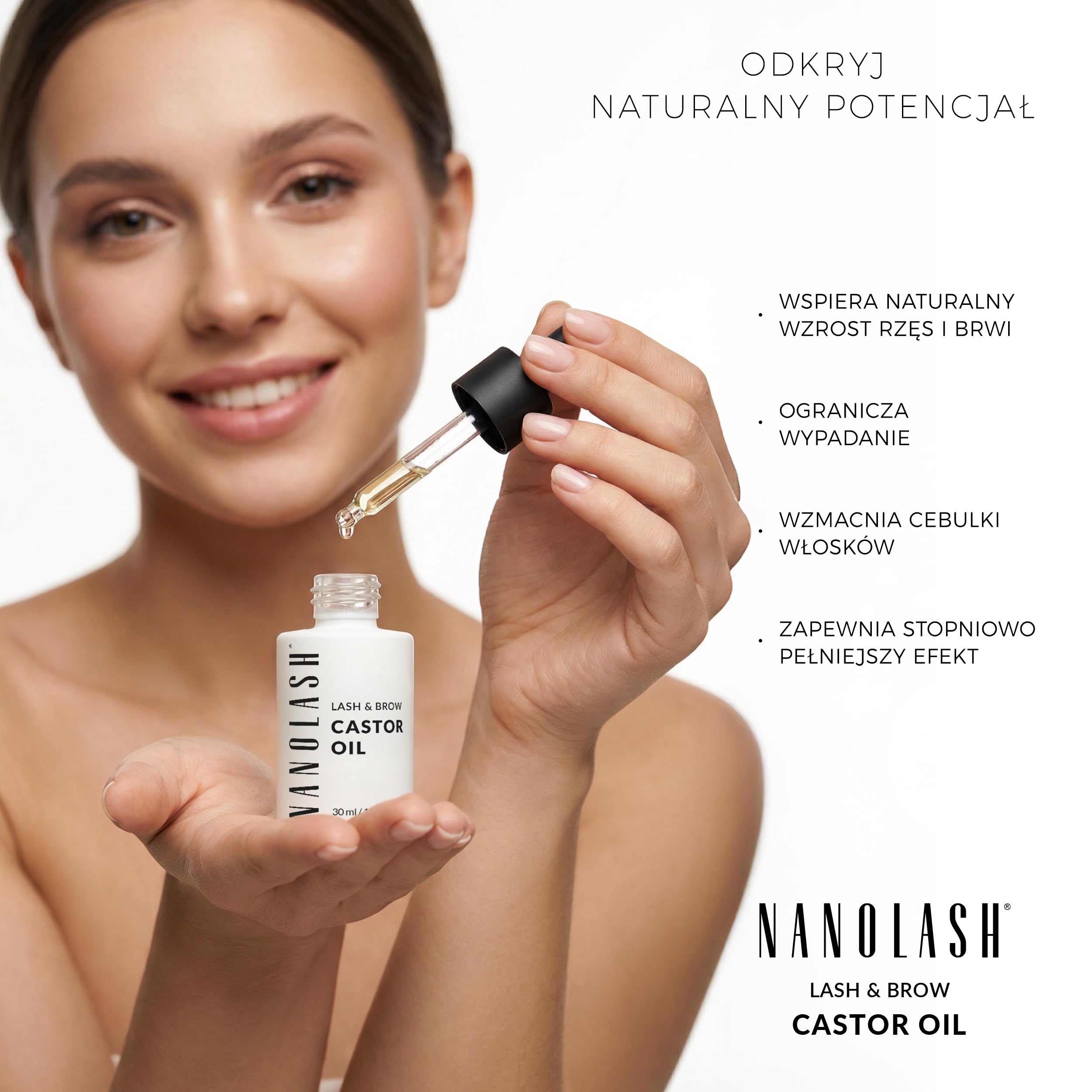 Olejek rycynowy Nanolash 30 ml - 100% naturalny, zimnotłoczony i nierafinowany olejek do rzęs i brwi, przyśpiesza wzrost rzęs, olej rycynowy z aplikatorem