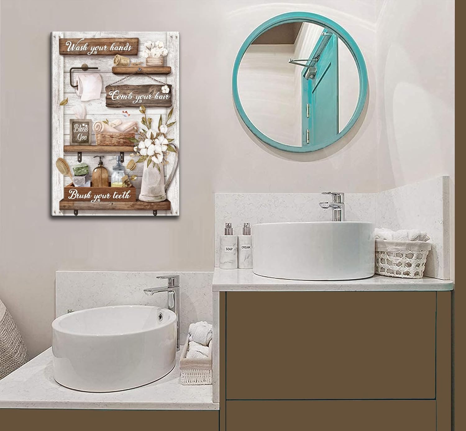 Funny Bathroom Canvas Wall Art.Retro Cotton floral Painting Picture Wall Decor. Modern Rustic Farmhouse Poster Print Artwork for Bathroom Restroom Home Decoration