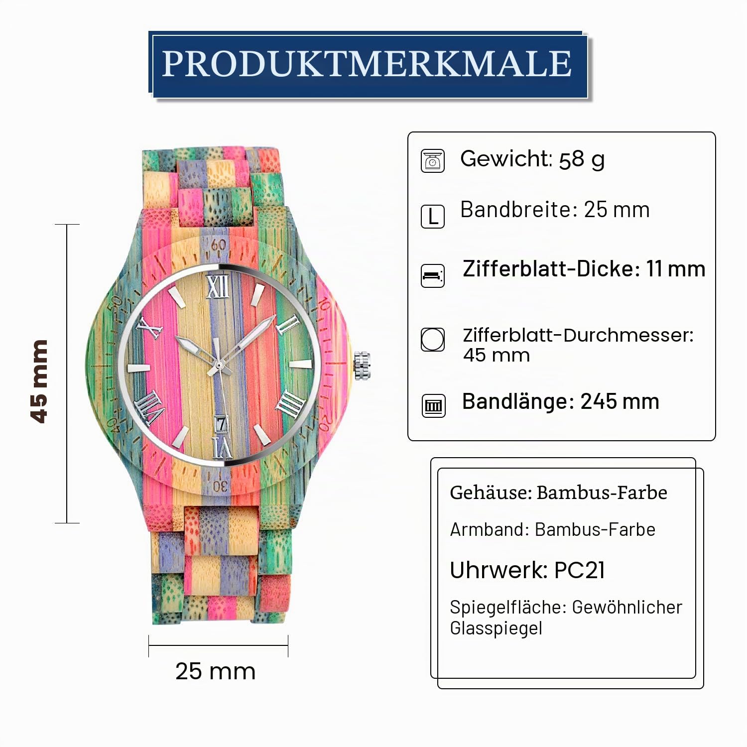 Unendlich U Infinity U Holzuhr für Damen und Herren handgefertigt aus Bambusholz mit Quarzwerk Analog Uhren Regenbogen Pride Festival Geschenk