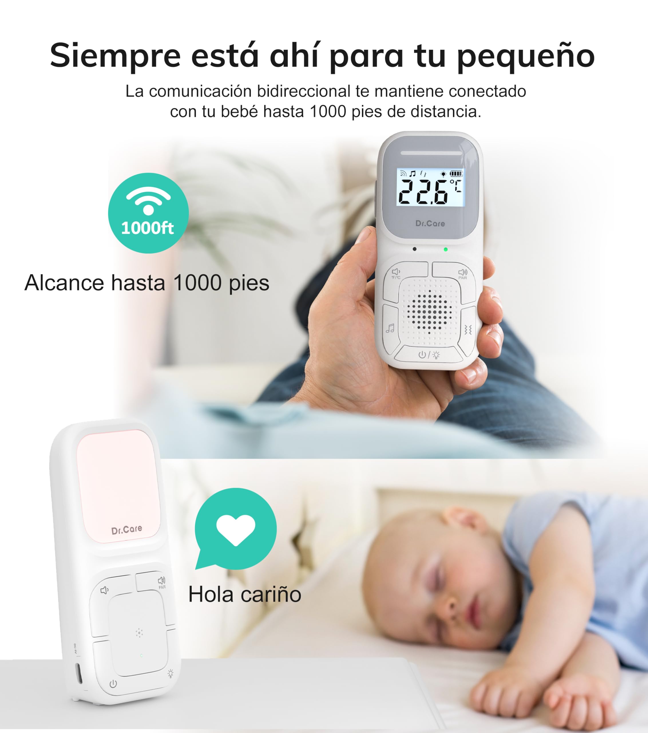 Dr.Care Neo Audio - Monitor de Bebé Preemparejado, Conversación Bidireccional, VOX, Luz Nocturna, Canciones de Cuna, Alerta Vibratoria, Rango 1000 Pies, Altavoz y Micrófono, Clip Portátil, Sin WiFi