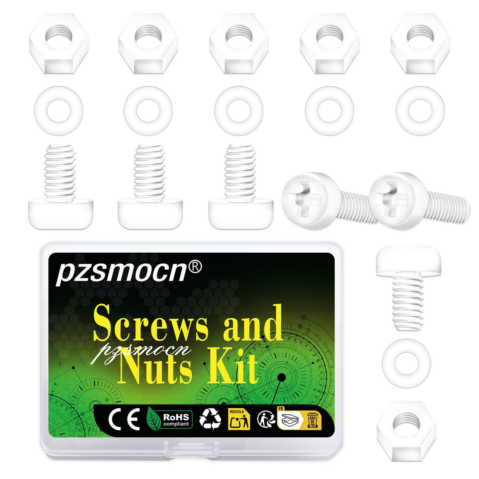 Pzsmocn 300 Pieces/100 Sets M3*8 mm Plastic White Nylon Cross Round Head Screw Hexagonal Nut Combination Kit, with Insulating Washers, Standard Size, For DIY and Electronic Assembly. โ image 1