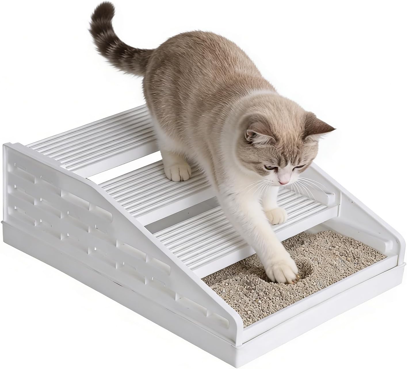 Cats Staircase, Detachable Steps, 42x32x14cm, Steps Litter Box Ramp with Filter, Cat Litters Stair, Adjustable Grid, for Apartment Living Room Bedroom Balcony