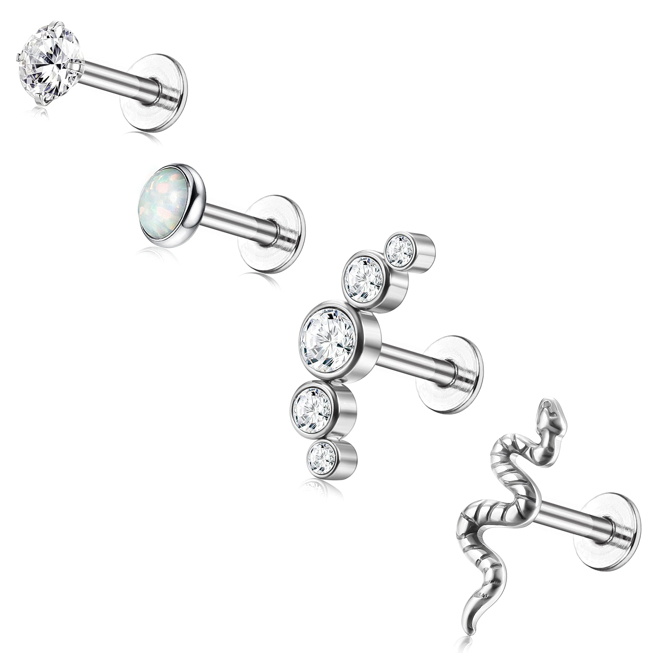 BESTEEL4Pcs 16G G23 Titanium Earrings Flat Back Forward Helix Piercing Labret Studs Hypoallergenic Tragus Piercing Earrings Cz Snake Medusa Conch Helix Piercing Jewellery 8