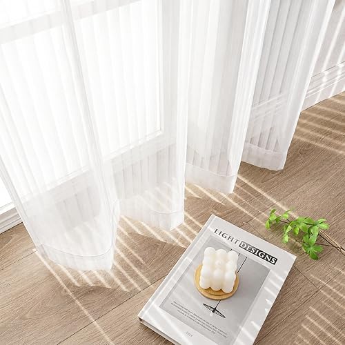 Ebesto White Sheer Curtains 63 Inch Length - Striped Design Soft Airy Light Filtering Semi Sheer Curtains for Living Room Bedroom, Rod Pocket Window Drapes 2 Panels, Each 42Wx63L Inches
