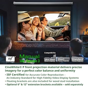 Elite Screens Manual Tab-Tension 3, 125-INCH with Extra 10 Drop, Pull Down Projector Screen Home Movie Gaming Presentations ISF Certified Premium CineWhite P Material, MT125XWH3-E10